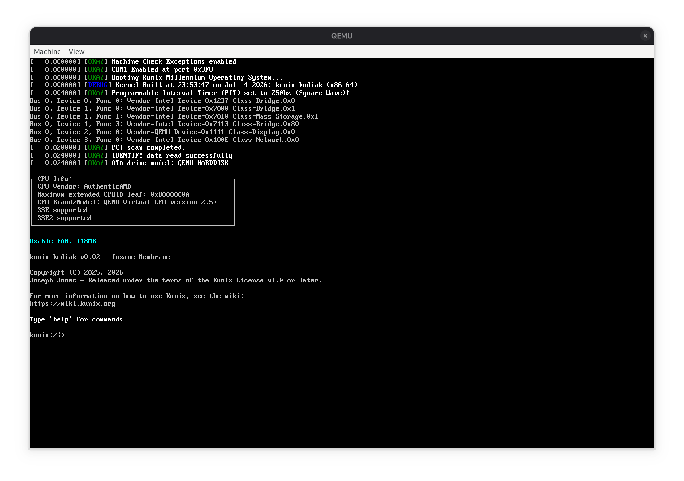 Kunix Kodiak 0.02 booting in QEMU
